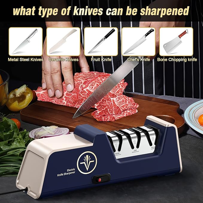 VIDOME Professional Electric Knife Sharpener with 100% Diamond Abrasives and Precision Angle Guides for Kitchen Straight Edge&Ceramic Knife Work Sharp, 3-stage Champagne Gold, afilador de cuchillos