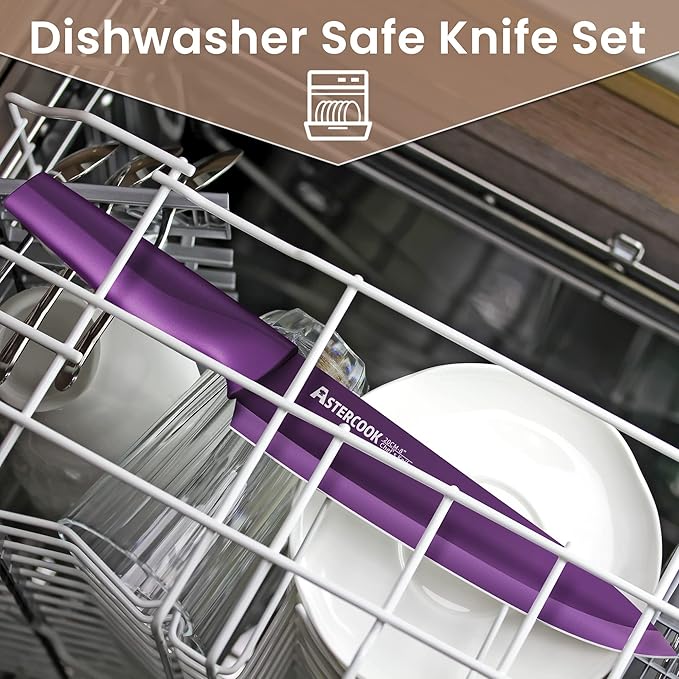 Astercook Knife Set, 12 Pcs Color-Coded Kitchen Knives Set, 6 Color Anti-Rust Coating Stainless Steel Chef Knife Sets with 6 Blade Guards Dishwasher Safe