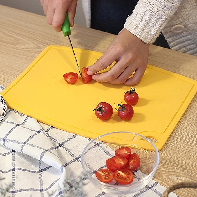 Liflicon Thick Silicone Cutting Board 12.6'' x 9.1'' Juice Grooves Easy Grip Handle Dishwasher Safe-Yellow
