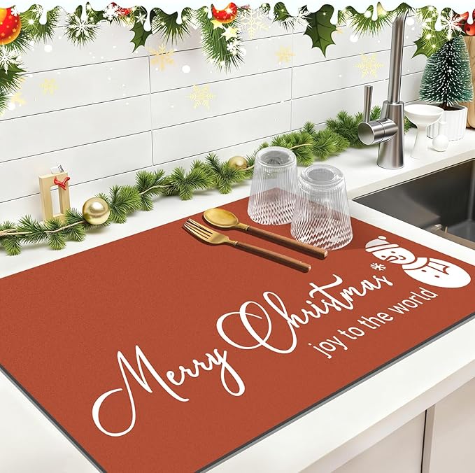Findosom Christmas Dish Drying Mat, 12" x 20" Super Absorbent & Cuttable Dish Mat with Hello Sunshine Pattern, Hide Stain Drying Mat for Kitchen Counter Coffee Maker Dining Room Decoration, Red