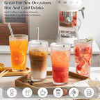 INSETLAN 8-Piece Glassware Set – 20 oz Ribbed Glass Tumblers with Lids and Glass Straws, Heavy-Duty Tumblers, Ideal for Iced Coffee, Smoothies, Cocktails, and Juices – Elegant and Durable Drinkware