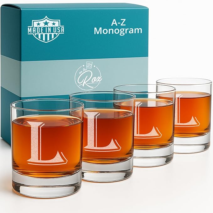 On The Rox (L-Monogram)- 4 Piece Set of 11 Ounce Engraved Heavy Base Rocks Glasses Elegant Glass-Multi-Purpose Beverage-Rocks Glass- Gift for any Occasion
