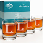 On The Rox (L-Monogram)- 4 Piece Set of 11 Ounce Engraved Heavy Base Rocks Glasses Elegant Glass-Multi-Purpose Beverage-Rocks Glass- Gift for any Occasion