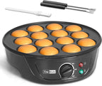 FineMade Non Stick Mini Pancakes Maker Machine, Electric Poffertjes Pan with Browning Control, Small Ebelskiver Aebleskiver Pan, Dutch Mini Pancake Maker, with Brush & Forks, 14 Slots, Black