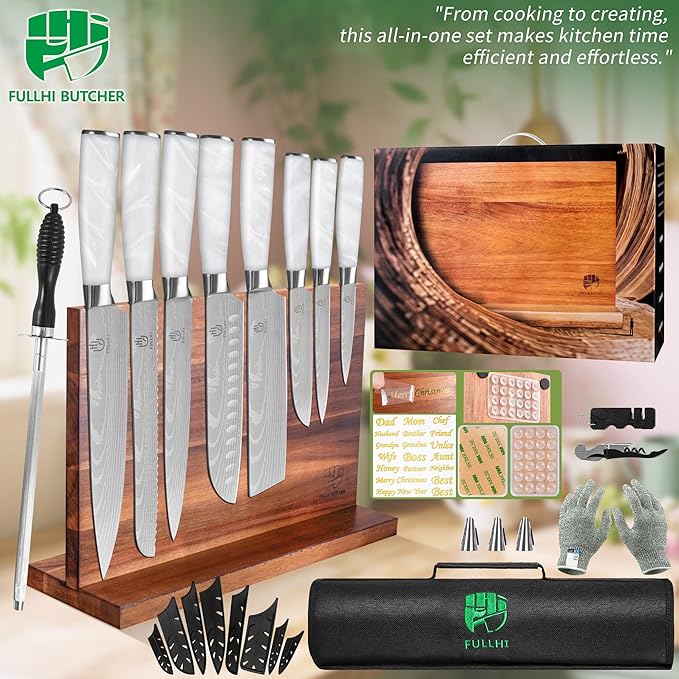 FULLHI 15pcs Japanese Knife Set with Magnetic Knife Block Holder, Stainless Steel Blades, White Resin Ergonomic Handles for Professional and Home Cooking