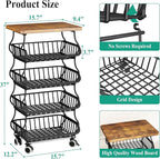 SAYZH Fruit Basket Kitchen Pantry Organizers and Storage - Wooden Top Table, Stackable Metal Wire Basket Stand Cart for Fruit Vegetable Snacks Onion Potato Organization (Black, 5 Tiers)