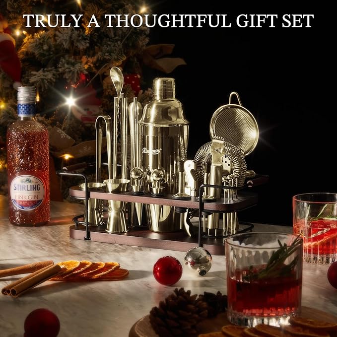 KITESSENSU Cocktail Shaker Set Bartender Kit with Stand | Complete 24-Piece Bar Set Cocktail Kit with All Bar Accessories, Gold