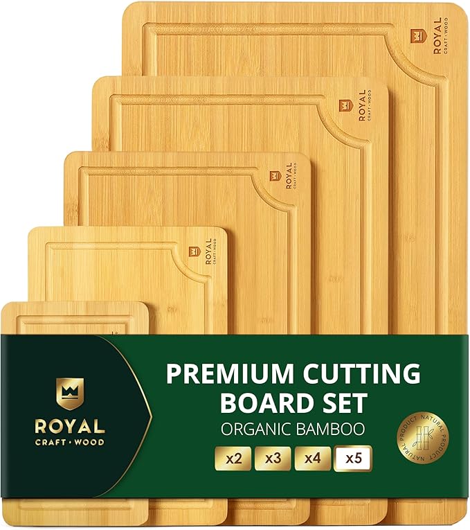ROYAL CRAFT WOOD Wooden Cutting Boards for Kitchen Meal Prep & Serving - Bamboo Wood Serving Board Set with Deep Juice Groove Side Handles - Charcuterie & Chopping Butcher Block for Meat