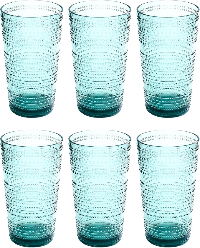 Beaded 16 oz Durable Acrylic Jumbo Drinking Glasses, Shatter-Resistant and Dishwasher-Safe Indoor/Outdoor Drinkware for Water, Iced Tea, Juice, and Cocktails - Sea Green - Set of 6