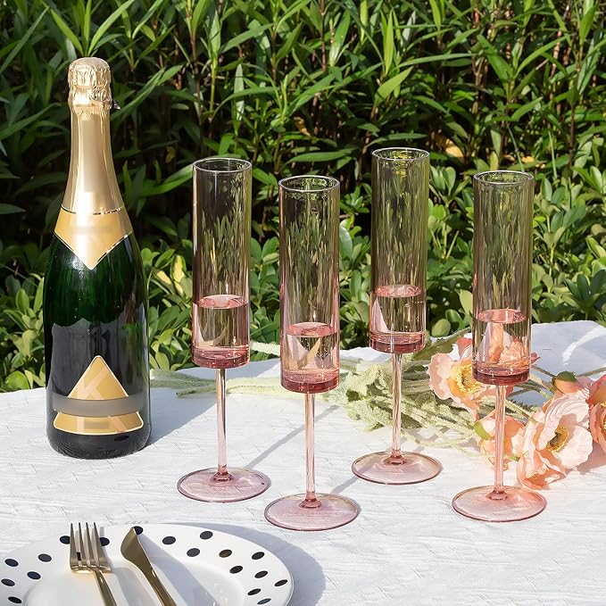 6 Pieces Acrylic Pink Champagne Flutes 5.4 OZ Square Champagne Glasses Stemmed Coupes Reusable Wedding Toasting Glasses Rose Bride Wine Glasses For Birthday Party Wedding Anniversary Christmas