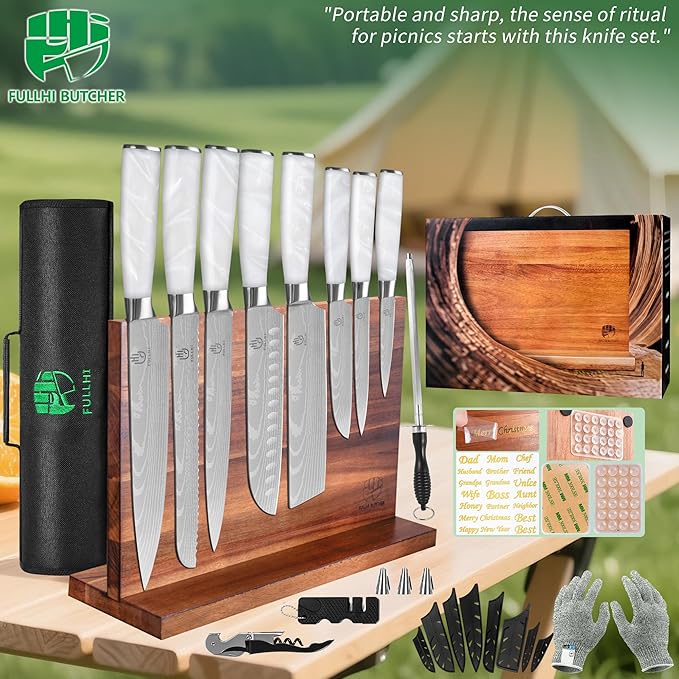 FULLHI 15pcs Japanese Knife Set with Magnetic Knife Block Holder, Stainless Steel Blades, White Resin Ergonomic Handles for Professional and Home Cooking