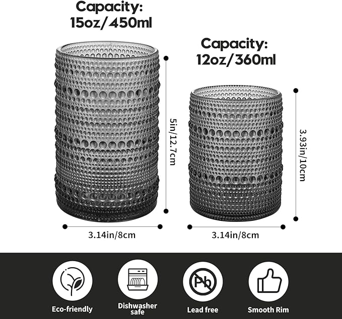 HomeVogue Hobnail Drinking Glasses Set of 6,15 oz Vintage Glassware Set Cocktail Glass Set, Embossed Grey Water Tumbler,for Beer, Whiskey,Juice and Various Mixed Drinks (15OZ Grey)