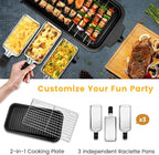 Electric Indoor Grill 1500W, YOHAWJAN 2 in 1 Smokeless Indoor Grills with Non-stick Removable Grill & Griddle Plate, Temperature Control, Portable Korean BBQ Grill with 3 Raclette Cheese Pans