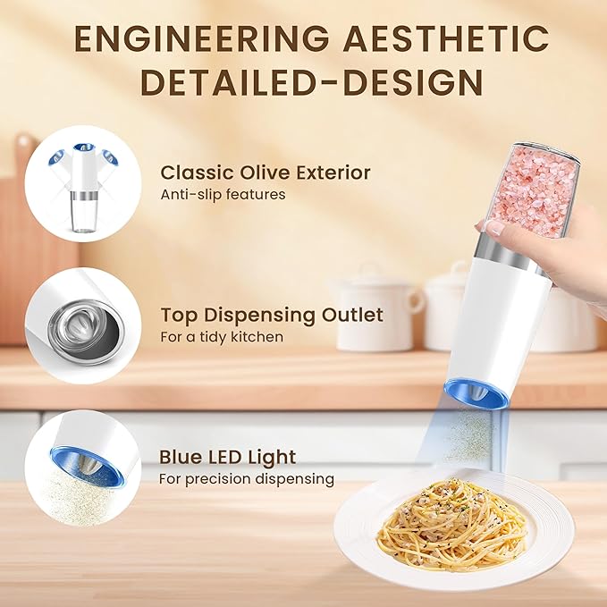 Gravity Electric Salt And Pepper Grinder Set, Automatic Salt And Pepper Grinder Set, Battery Powered (6 AAA Batteries Each), Adjustable Roughness, LED Light, 2 Pack, (Black+White)