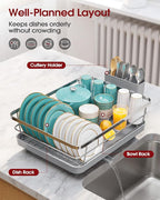 Sakugi Stainless Steel Dish Drying Rack for Kitchen Counter, Sink Organization and Storage Essentials with Silverware & Utensil Holder, Home and Apartment Decor, 12''W x 15.5''L, Silver