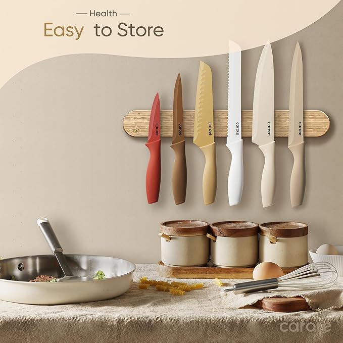CAROTE Knife Set, 12 Pieces Kitchen Knife Set, 6 Stainless Steel Knives with Blade Guards & Nonstick Ceramic Coating, Rustproof, Color-Coded, Ergonomic Handles
