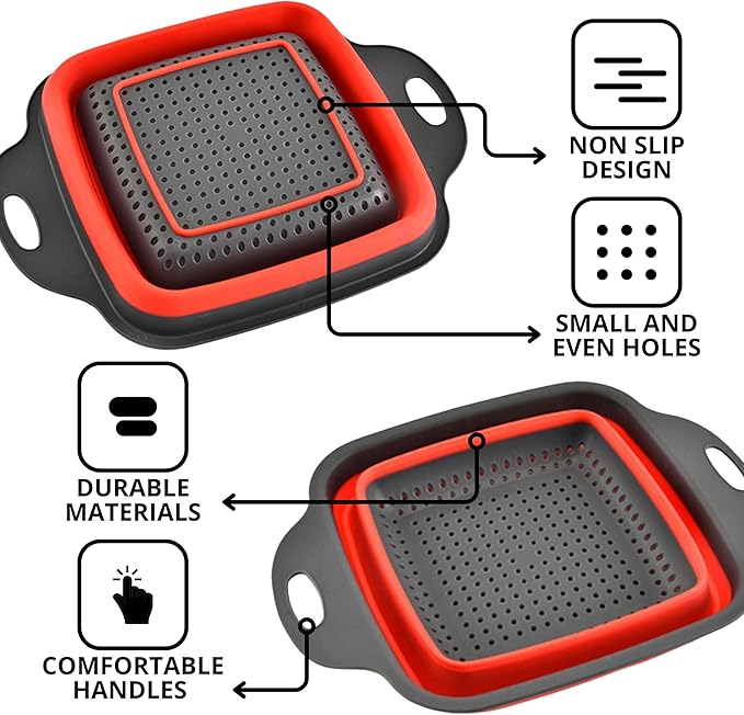 Square Collapsible Colander with Handles – Red Square Silicone Kitchen Strainers with Plastic Handles Foldable Kitchen Strainer Perfect for Draining Pasta Vegetable and Fruit Red