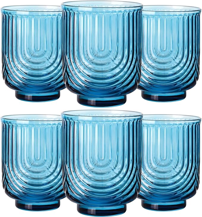 JOVGANK Blue Vintage Glassware Set of 6-14Oz Blue Water Drinking Glass, Art Deco Ripple Highball Glass, Whiskey Cocktail Glasses, for Bar Ice Coffee Juice, Housewarming Gifts and Mother's Day Gift