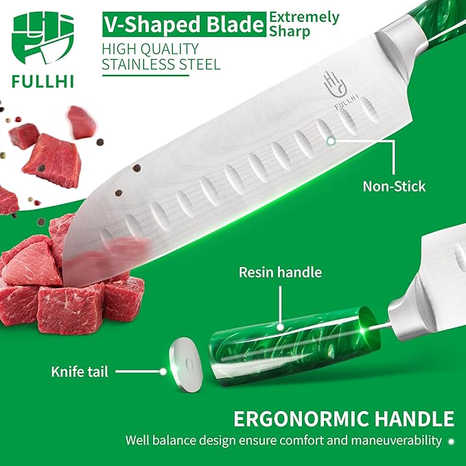 FULLHI 15pcs Japanese Knife Set with Magnetic Knife Block Holder, Japan Stainless Steel Blades, Green Resin Ergonomic Handles for Professional and Home Cooking