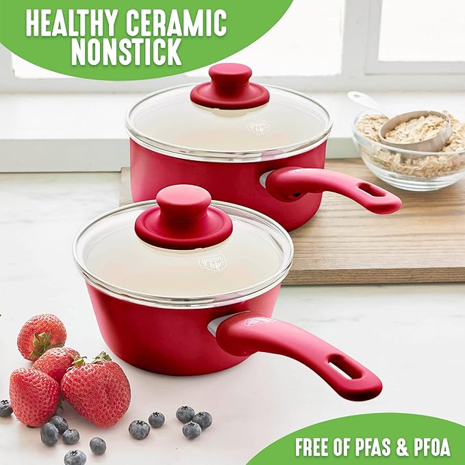 GreenLife Soft Grip 1QT and 2QT Saucepan Set, Healthy Ceramic Nonstick, Non Toxic PFAS & PFOA-Free, Dishwasher Safe, Glass Lids, Stay-Cool Handles, Easy Clean Cookware, Kitchen Essentials, Red