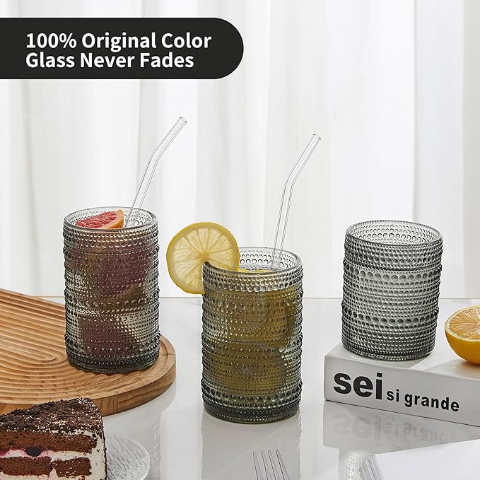 HomeVogue Hobnail Drinking Glasses Set of 12, 12oz & 15oz Vintage Glassware Set Cocktail Glass Set, Embossed Gray Water Tumbler,for Beer, Whiskey,Juice and Various Mixed Drinks