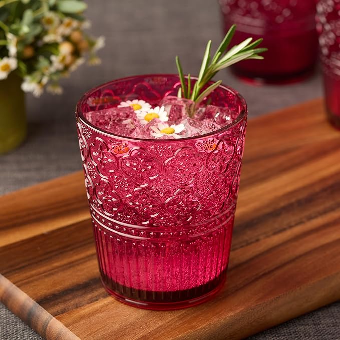 Victoria Ruby Set of 6 Premium Acrylic DOF Glass 16 oz – Unbreakable Drinkware with Elegant Embossed Design, Perfect for Indoor & Outdoor Use