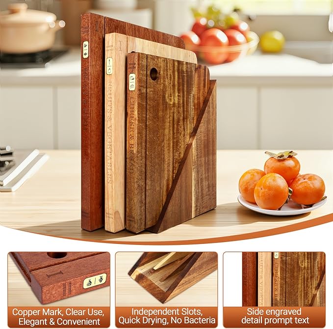 Book Cutting Board Set with Separated Stand, 3 Piece [Acacia/Ebony/Rubber] Wood Cutting Boards That Look Like Books for Kitchen Decor, Reversible Thick Chopping Board with Brass Food Labels