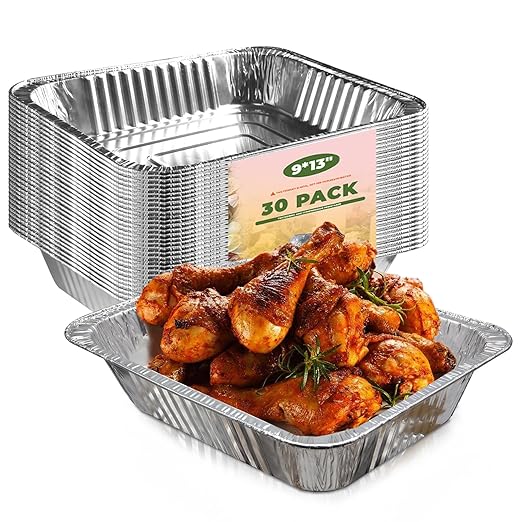YLT WAX 9x13 Disposable Aluminum Foil Pans 30 Pack, Durable Half Size Deep Extra Heavy Duty Food Containers for Baking, Cooking, Roasting, Heating or Steam Table
