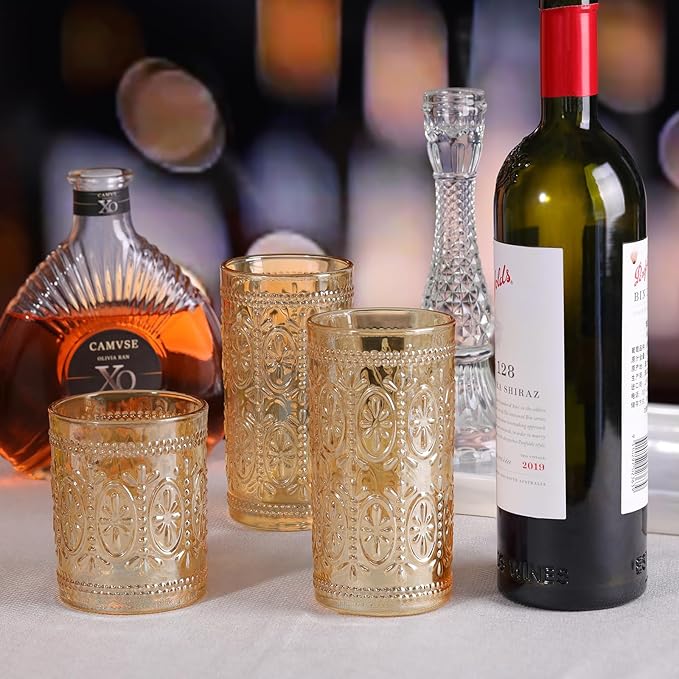 abrwyy Amber Glassware set of 4, Vintage Drinking Glasses, 10oz Heavy Duty Glass Cups, Colored Glassware Set, Embossed Glasses Set for Party Wedding Home Office Gift