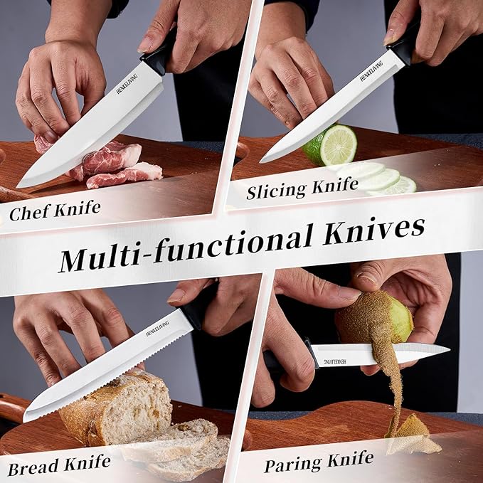 Knife Set, 14-Piece Kitchen Knives Set with Block, German High Carbon Stainless Steel, Ergonomic Non-Slip Handles, BlackSilver