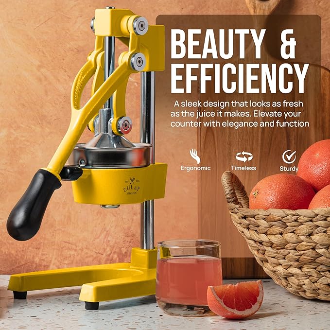 Zulay Kitchen Cast Iron Juicer - Easy-to-Clean Heavy-Duty Manual Juicer, Professional Citrus Juicer - Stainless Steel Lemon Squeezer - Manual Citrus Press & Orange Squeezer - Orange Juicer (Yellow)