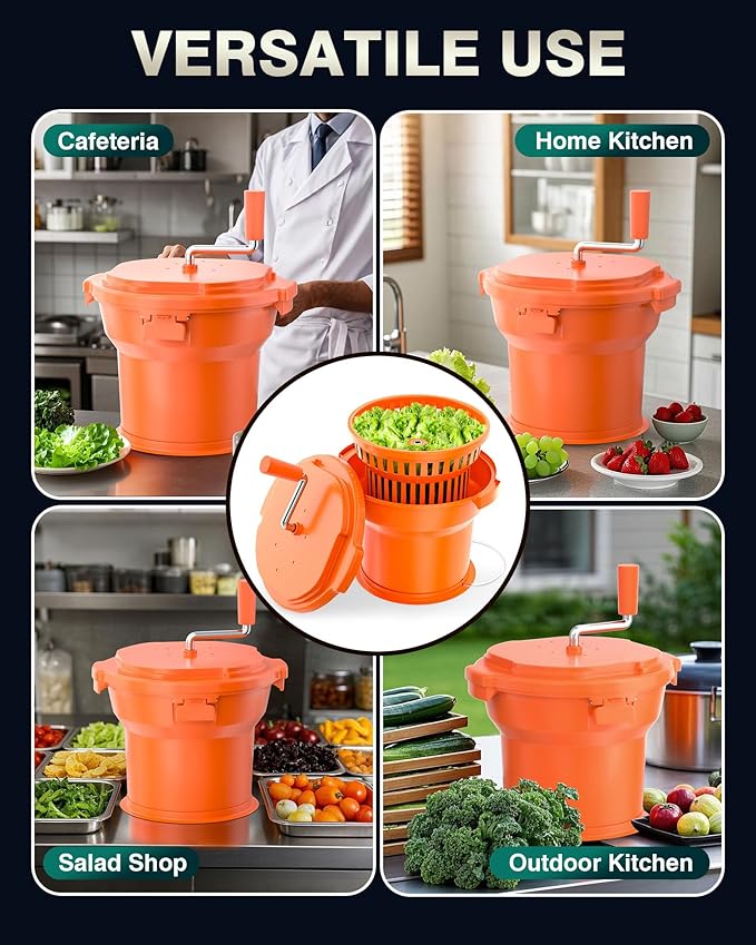 WantJoin Commercial Salad Spinner - 2.5 Gallon Salad Dryer w/Silicone Anti-slip Mat & Draining Hose, 10Qt Manual Salad Spinner for 3 Heads of Lettuce Spinner Large for Catering