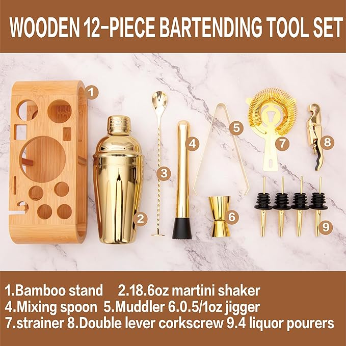 JNWINOG 12Pcs-Cocktail Shaker Set Stainless Steel Bartending Kit 18.6oz Cocktail Bar Set Cocktail Mix Drink Making Kit Professional Bar and Home Drink Bar Tools for Bartender(Gold, 12Pcs)