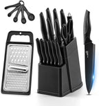 HaWare Knife Set, 21 Pieces Stainless Steel Kitchen Knife Block Set, Black Chef Knife Sets with 6 Steak Kinves, Measuring Spoon & Slicer for Home, Sharp Blade & Light Weight Cutlery, Ergonomic Handle