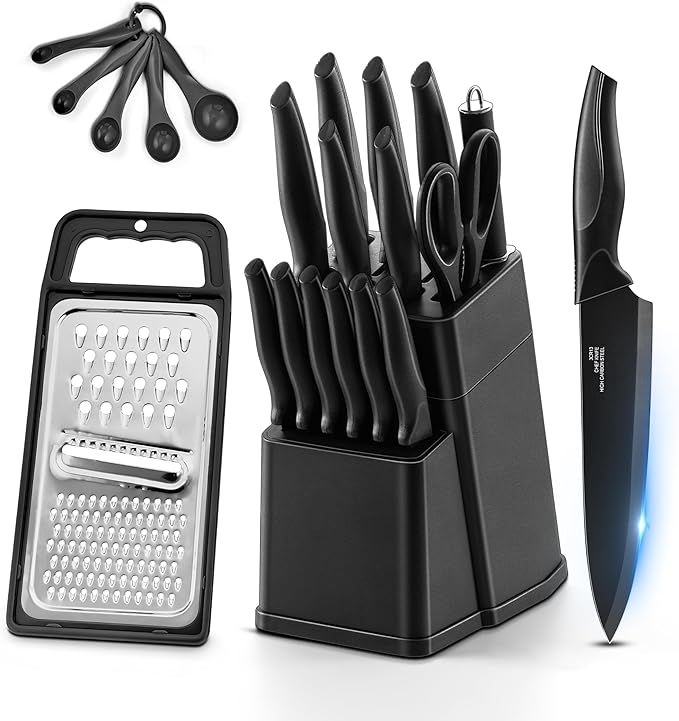 HaWare Knife Set, 21 Pieces Stainless Steel Kitchen Knife Block Set, Black Chef Knife Sets with 6 Steak Kinves, Measuring Spoon & Slicer for Home, Sharp Blade & Light Weight Cutlery, Ergonomic Handle