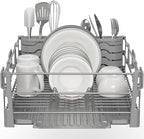 Simple Houseware Dish Drying Rack with Drainboard, Utensil Holder & Mug Hooks, Silver Metal Kitchen Counter Organizer