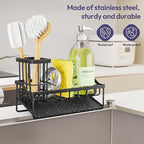 SWTYMIKI Sink Caddy Sponge Holder - Kitchen Sink Organizer with Stainless Steel Self Drain Tray & High Brush Holder for Countertop to Hold Dish Soaps and Sponges, Stainless Steel, Black