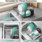 Urackify Dish Drying Rack in Sink - Expandable (14.5''-18''L) Over The Sink Dish Rack with Utensil Holder, Space-Saving Dish Drainer for Kitchen Counter, 1 Piece, Matte Black