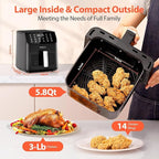 Beelicious 5.8QT Large Air Fryer, 12-in-1 Digital Airfryer with Window, 40+ Recipes, Flavor-Lock Tech, Dishwasher Safe,Shake Reminder, Compact, Quiet, Nonstick Air Fryers. Black