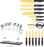 Marco Almond® Gold Knife Set With Block KYA23, 14 Pieces Stainless Steel Chef Cutlery Knives Set for Kitchen with Acrylic Stand