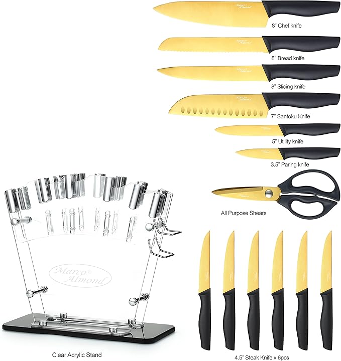 Marco Almond® Gold Knife Set With Block KYA23, 14 Pieces Stainless Steel Chef Cutlery Knives Set for Kitchen with Acrylic Stand
