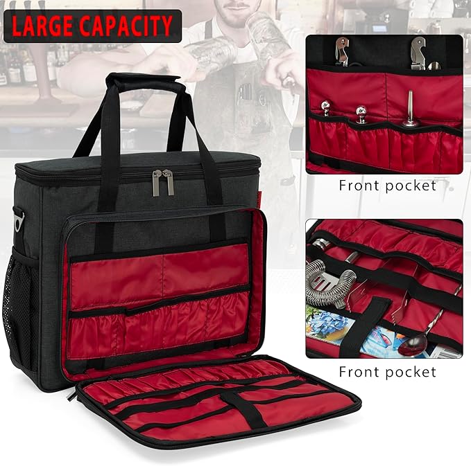 Bartender Bag, Bartender Kit Travel Bag for Cocktail Shaker Set, Portable Carrying Case with Compartments for Wine Bottles, for Travel Home Indoor Outdoor Party(Bag Without Tools)