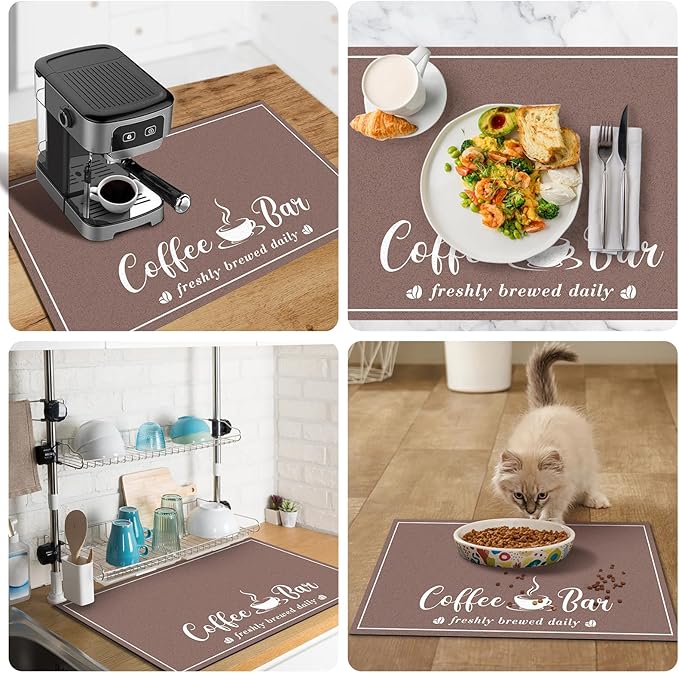 CooRug Absorbent Coffee Mat, Fashion Dish Drying Mat for Kitchen Counter Coffee Bar Accessories Espresso Machine Dish Rack 12" x 20" Brown