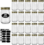 12oz Glass Jars With Lids Regular Mouth 20 Pack -Mason Jars 12 oz For Crafts, Meal Prep, Canning Jars For Food Storage Frascos De Vidrio Con Tapa Para Conservas-with 20 Chalkboard Stickers-Gold Lid
