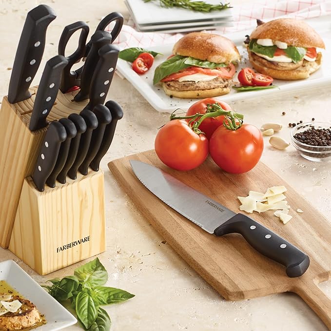 Farberware 22-Piece Never Needs Sharpening Triple Rivet High-Carbon Stainless Steel Knife Block and Kitchen Tool Set, Black, Durable AND Precision Cutlery