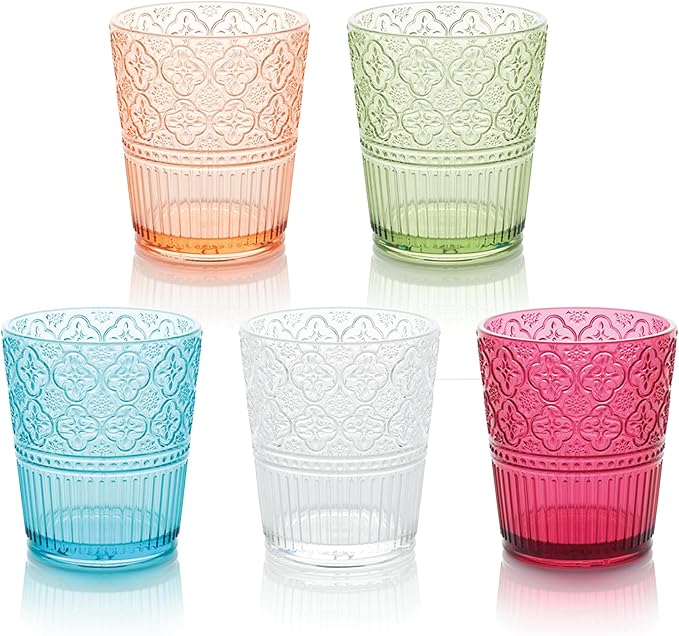 Victoria Ruby Set of 6 Premium Acrylic DOF Glass 16 oz – Unbreakable Drinkware with Elegant Embossed Design, Perfect for Indoor & Outdoor Use
