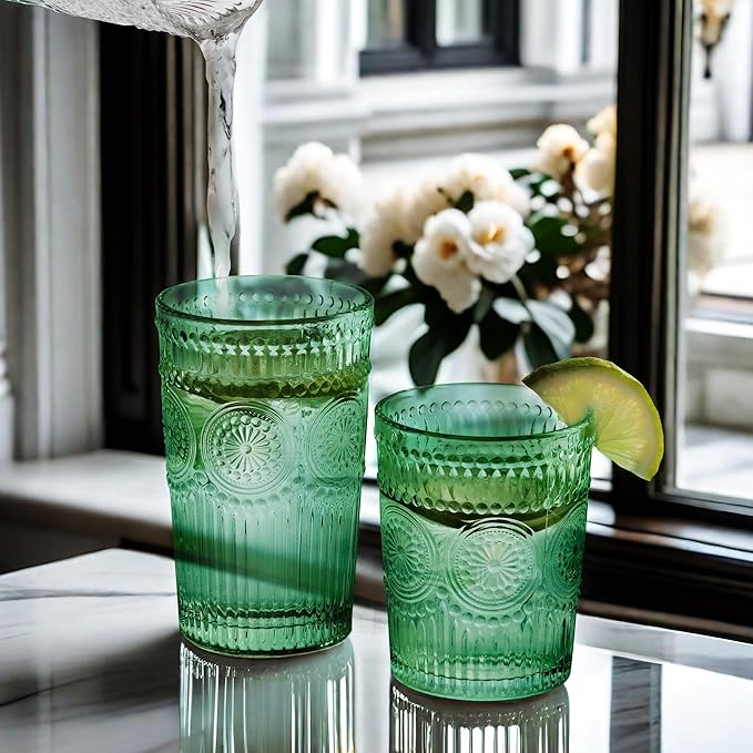 Loivttvv 12pcs Vintage Drinking Glasses Set, 12 oz Highball Glasses & 9 oz Embossed Ribbed Glassware Cups for Cocktail, Water, Juice, Coffee, Whiskey (Atroviens)