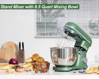 Kitchen in the box Stand Mixer - 8.5 Quart Mixing Bowl with Handle, 900 Watt Heavy Bread Dough Standing Mixers Tilt-head with Dough Hook, Whisk, Flat Beater and Splash Guard (Green)