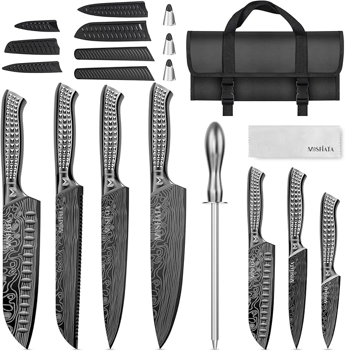 MOSFiATA Kitchen Knife Set, 12Pcs Japanese Stainless Steel Knife Sets for Kitchen with Oxford cloth storage bag with Knife Sharpening Rod, Dishwasher Safe, For Outdoor(grey)