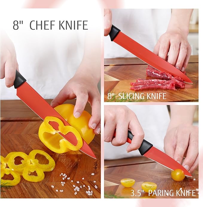 hecef 15 Pieces Kitchen Knife Set with Built-in Sharpening Wooden Block, Dishwasher Safe, High Carbon Stainless Steel Knife Block Set with Steak Knives, Kitchen Scissors (Red)